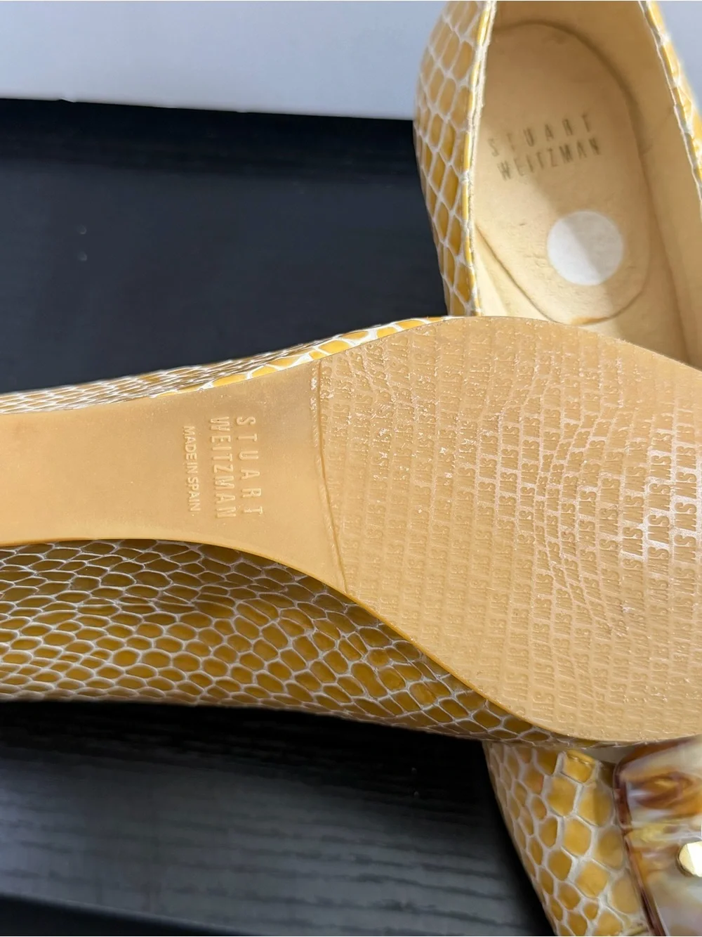 Stuart Weitzman Yellow Snakeskin-Print Flats with Marbled Buckle